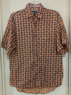 Vintage Shah Safari Orange & Navy Geometric Short-Sleeve Button-Down Shirt